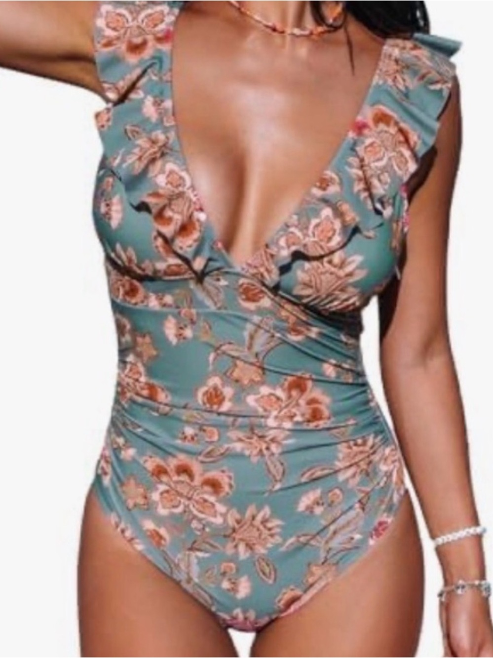 Cupshe Grey Floral Ruffle Neck One-Piece Swimsuit Sz L